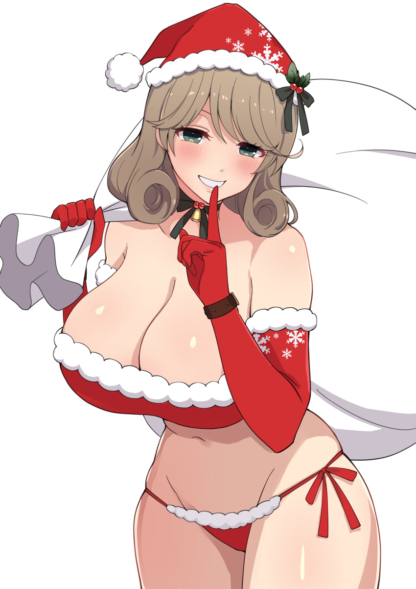 1girl :d absurdres bangs bare_shoulders bikini blonde_hair blush breasts carrying_over_shoulder christmas cowboy_shot elbow_gloves fur_trim gloves green_eyes groin hair_tubes haruka_(senran_kagura) hat highres index_finger_raised large_breasts lemonrou looking_at_viewer medium_hair parted_lips red_gloves sack santa_bikini santa_hat senran_kagura side-tie_bikini_bottom simple_background smile solo swept_bangs swimsuit