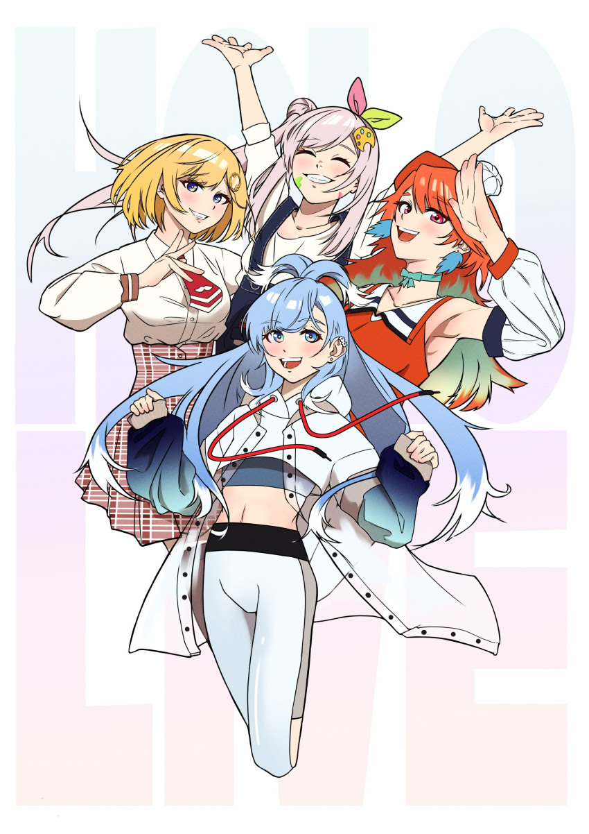 4girls absurdres airani_iofifteen blonde_hair blue_eyes blue_hair bob_cut bow_choker breasts chef_hat collared_shirt cropped_hoodie detective earrings feather_earrings feathers gradient_hair hair_bun hair_ornament hair_ribbon hat high-waist_skirt highres hololive hololive_english hololive_indonesia hood hoodie jacket jewelry kobo_kanaeru kopicat large_breasts liquid_hair long_hair monocle_hair_ornament multicolored_hair multiple_girls necktie orange_hair orange_headwear paint_on_body paint_on_clothes paint_splatter paint_splatter_on_face palette_hair_ornament pink_hair plaid plaid_skirt ponytail raincoat red_necktie ribbon see-through see-through_jacket shirt short_hair short_necktie skirt sleeves_past_fingers sleeves_past_wrists takanashi_kiara virtual_youtuber watson_amelia white_hoodie white_shirt