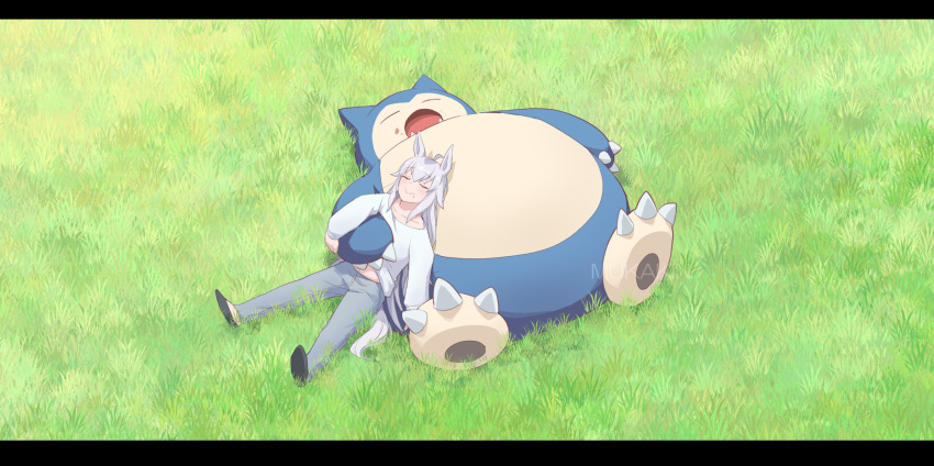 1girl ahoge animal_ears black_footwear casual closed_eyes collarbone commentary crossover grass grey_hair grey_pants highres horse_ears horse_girl horse_tail letterboxed long_hair long_sleeves lying mukakin oguri_cap_(umamusume) on_back open_mouth outdoors pants pokemon pokemon_(creature) sidelocks sleeping snorlax tail trait_connection umamusume