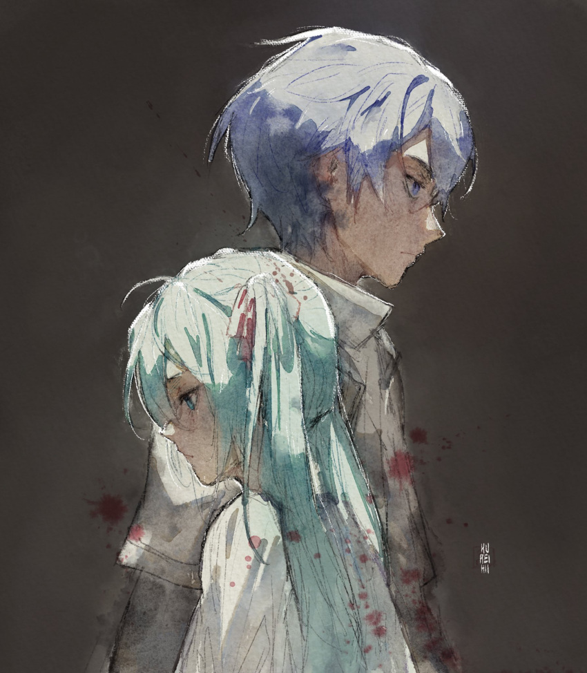 1boy 1girl adam_moonlit aqua_eyes aqua_hair bags_under_eyes blood blood_on_clothes blood_on_face blue_eyes blue_hair commentary dress empty_eyes eve_moonlit evillious_nendaiki faux_traditional_media from_side hair_ribbon hatsune_miku height_difference high_collar highres kaito_(vocaloid) kureihii long_hair looking_away looking_down ma_keikaku_(vocaloid) pink_ribbon profile ribbon sad serious short_hair smudge twintails very_long_hair vocaloid white_dress