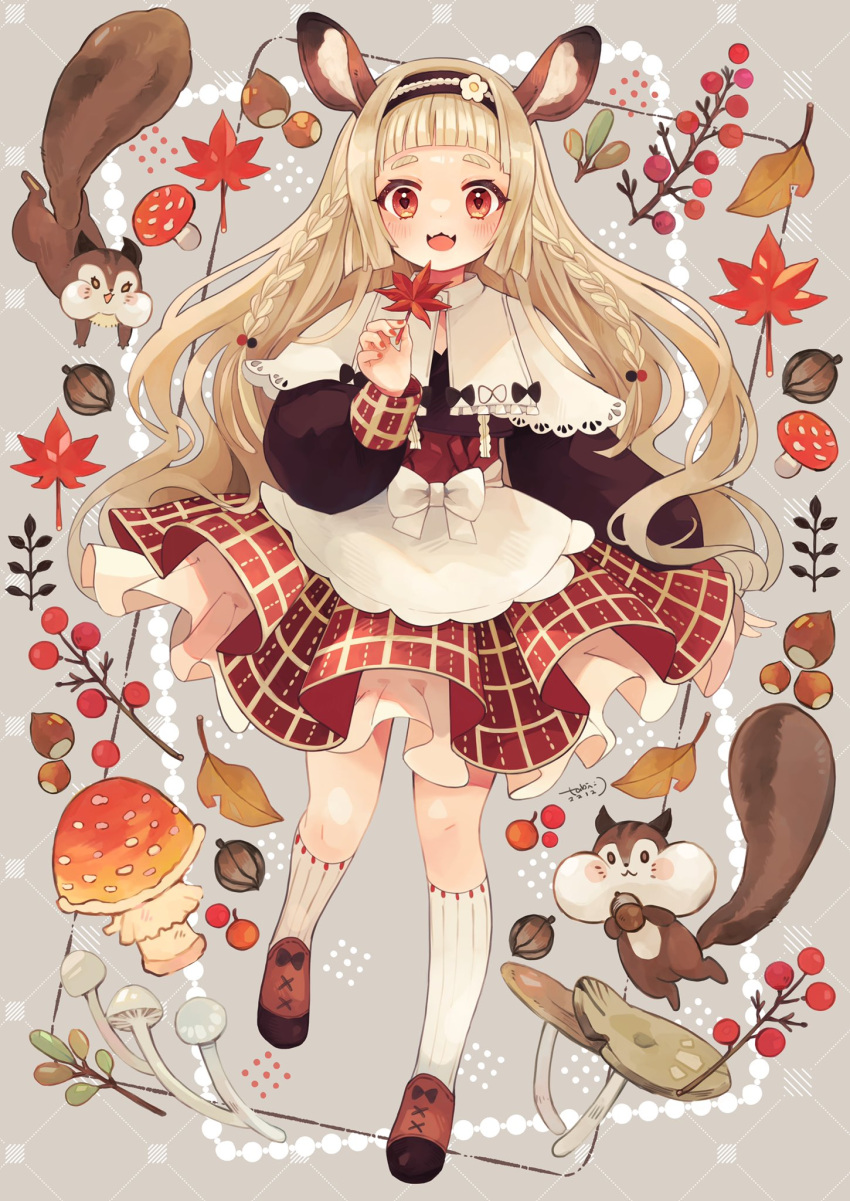 1girl :d acorn animal_ears apron artist_name autumn autumn_leaves bangs blonde_hair blunt_bangs bow braid branch brown_footwear brown_hairband capelet commentary deer_ears fangs footwear_bow full_body grey_background hairband hand_up highres hikimayu holding holding_leaf lace-trimmed_capelet lace_trim layered_skirt leaf long_hair looking_at_viewer mushroom open_mouth orange_eyes original red_skirt shoes side_braids signature skin_fangs skirt smile socks solo squirrel standing standing_on_one_leg tabi_0v0 twin_braids waist_apron waist_bow white_apron white_capelet white_socks