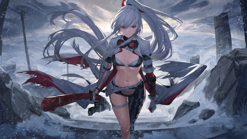 1girl absurdres asymmetrical_pants black_pants blue_eyes breasts cc_xiaotintin character_request floating_hair goggles goggles_around_neck grey_hair heterochromia highres long_hair looking_at_viewer navel outdoors pants ponytail power_lines punishing:_gray_raven red_eyes revealing_clothes scenery small_breasts snow solo thigh_strap utility_pole very_long_hair
