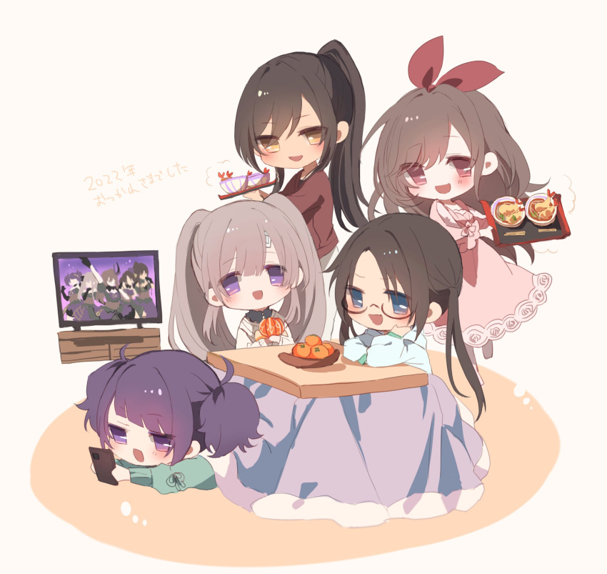 5girls blush cellphone chibi food fruit highres idolmaster idolmaster_shiny_colors kasasabinet kotatsu l'antica_(idolmaster) mandarin_orange mitsumine_yuika multiple_girls noodles phone shirasaka_koume shrimp shrimp_tempura simple_background smile table tanaka_mamimi television tempura tsukioka_kogane udon yukoku_kiriko