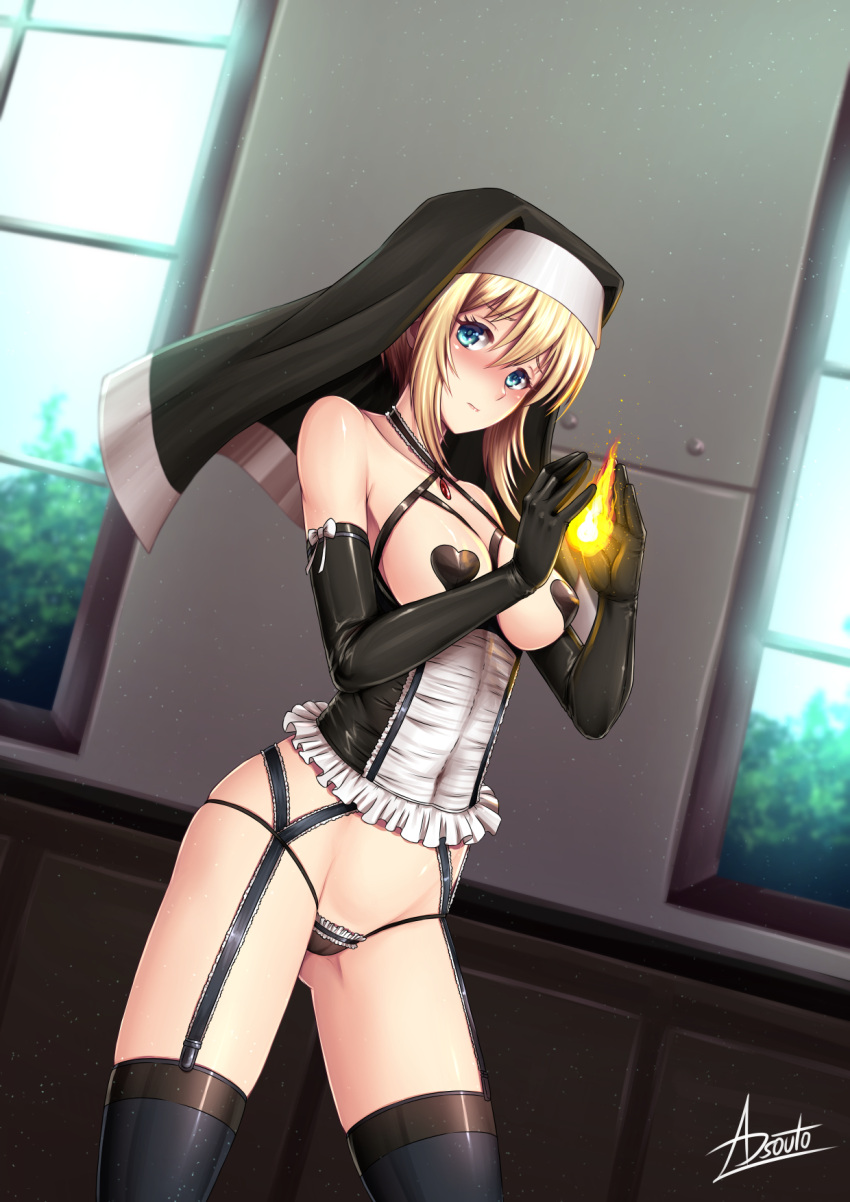 1girl adsouto alternate_costume blonde_hair blue_eyes blush commentary_request corset dutch_angle elbow_gloves en'en_no_shouboutai fire frilled_corset frilled_panties frills garter_straps gloves habit harness heart_pasties highres indoors iris_(en'en_no_shouboutai) looking_at_viewer mixed-language_commentary nun panties pasties revealing_clothes signature solo thighhighs underwear