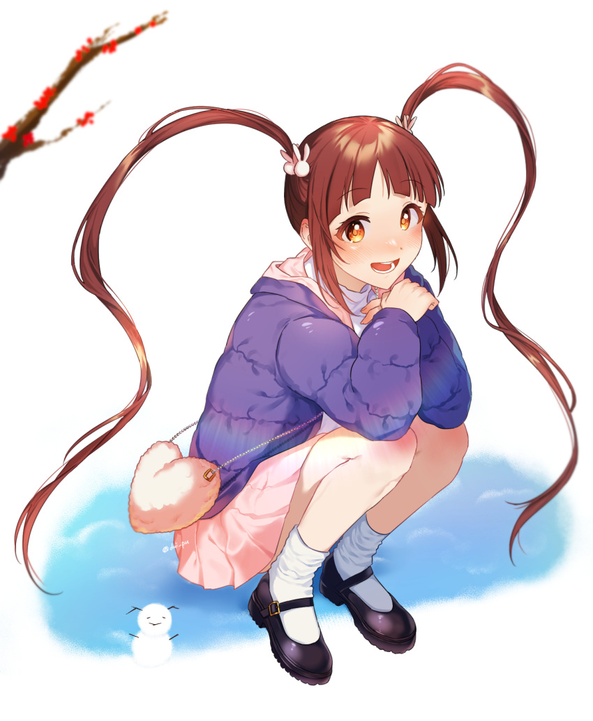 1girl bag bangs blunt_bangs blush brown_hair full_body hair_ornament heart-shaped_bag highres idolmaster idolmaster_million_live! jacket long_hair looking_at_viewer matsuda_arisa own_hands_together padded_jacket pink_skirt pleated_skirt purple_jacket rabbit_hair_ornament shoulder_bag skirt smile snowman solo squatting sunyack twintails twitter_username very_long_hair