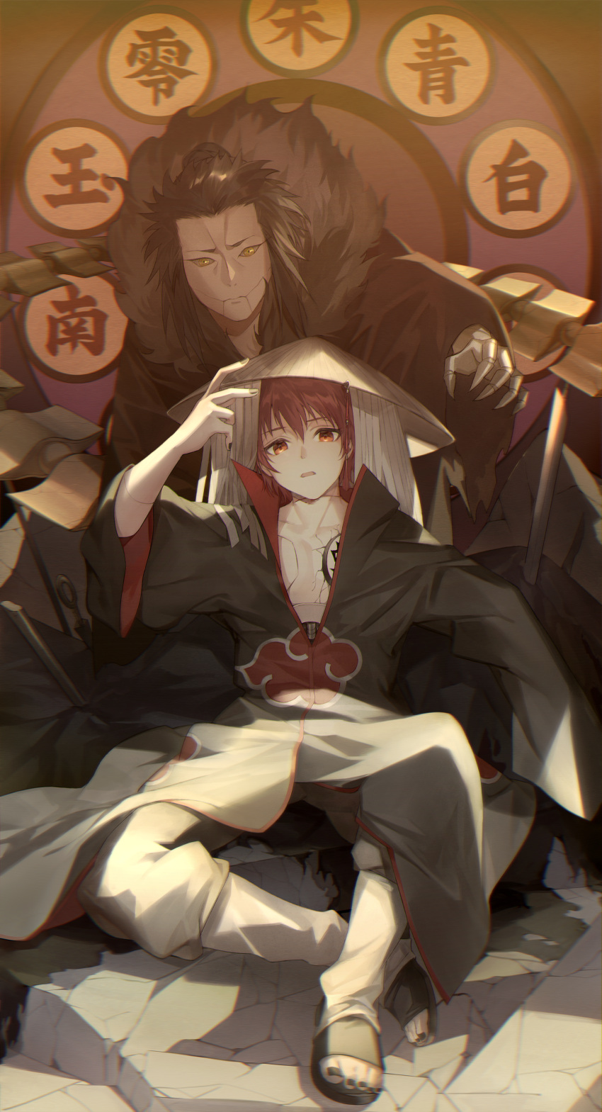 1boy absurdres akatsuki_uniform black_nails chest_tattoo full_body hat highres looking_at_viewer magic male_focus marionette naruto_(series) naruto_shippuuden partially_unbuttoned puppet puppet_strings red_hair sandals sasori_(naruto) short_hair sitting solo straw_hat tattoo third_kazekage translation_request wowishi