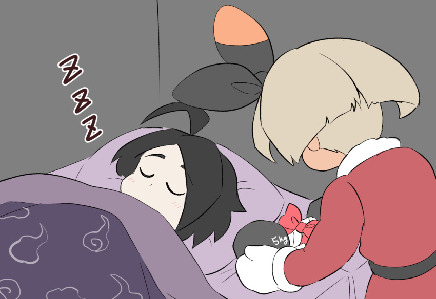 1boy 1girl ahoge allister_(pokemon) alternate_costume bangs bea_(pokemon) belt black_hair black_ribbon blanket blonde_hair blush bow closed_eyes commentary_request covered_mouth dress dumbbell flat_color fur-trimmed_dress fur_trim gift gloves grey_background hair_ribbon holding indoors kurachi_mizuki leaning_forward light_blush long_sleeves lying on_back pale_skin parted_bangs pillow pokemon pokemon_(game) pokemon_swsh red_bow red_dress ribbon santa_costume short_hair sidelocks sketch sleeping standing u_u under_covers upper_body white_gloves zzz