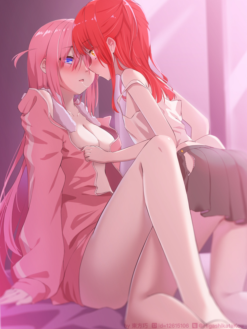 2girls after_kiss artist_name bangs black_skirt blue_eyes blurry blurry_background blush bocchi_the_rock! breasts collar commentary_request depth_of_field eye_contact feet_out_of_frame gotou_hitori hair_between_eyes highres indoors jacket kita_ikuyo legs long_hair looking_at_another medium_breasts miniskirt multiple_girls on_bed one_side_up open_clothes open_jacket pink_hair pink_jacket pleated_skirt red_hair saliva saliva_trail skirt small_breasts sunkazer track_jacket undressing_another very_long_hair yellow_eyes yuri
