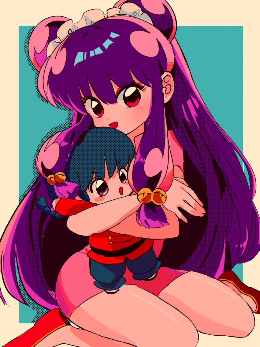 1boy 1girl blush_stickers character_doll chinese_clothes double_bun hair_bun hair_ornament highres looking_at_viewer open_mouth purple_hair ranma_1/2 red_footwear sanamaru_(sana79261827) saotome_ranma shampoo_(ranma_1/2) size_difference