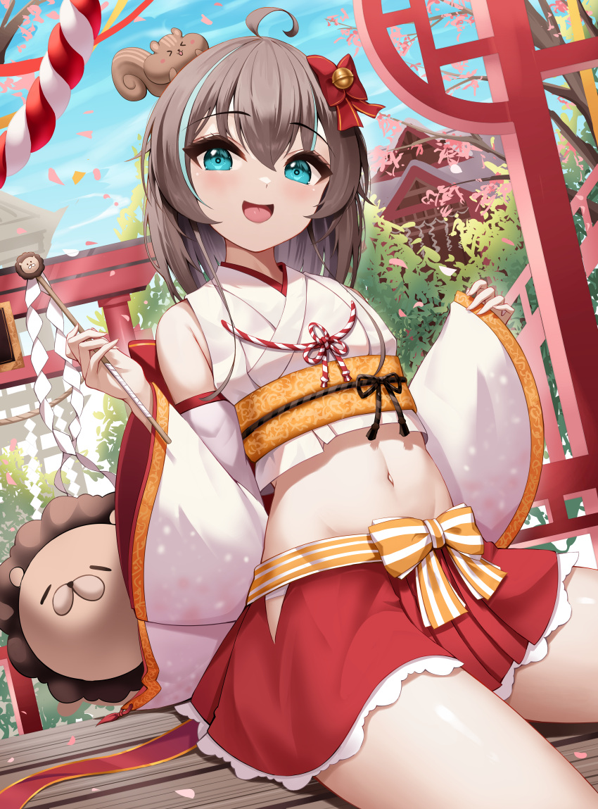 1girl absurdres ahoge bare_shoulders blue_eyes blue_sky blush bow day detached_sleeves ebi_frion_(natsuiro_matsuri) gohei groin hair_between_eyes hair_bow highres holding holding_stick hololive looking_at_viewer matsurisu medium_hair midriff multicolored_hair natsuiro_matsuri navel nontraditional_miko open_mouth outdoors red_bow red_skirt roina_(effj7473) shirt skirt sky solo stick streaked_hair thighs virtual_youtuber white_shirt white_sleeves wide_sleeves