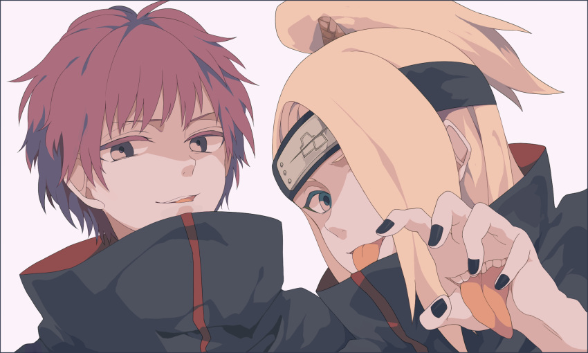 2boys :p akatsuki_uniform animal bird black_nails blonde_hair blue_eyes close-up deidara_(naruto) evil_smile extra_tongue hand_up headband highres male_focus multiple_boys naruto_(series) naruto_shippuuden ninja ponytail red_hair sasori_(naruto) smile tongue tongue_out wowishi