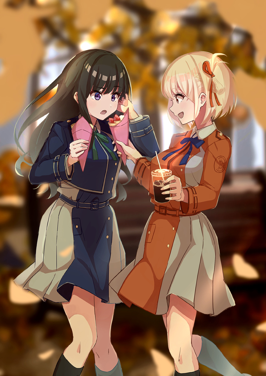 2girls :d absurdres black_dress black_hair black_socks blonde_hair blue_bow blurry blurry_background bow commentary_request crepe cup depth_of_field disposable_cup dress drink drinking_straw feet_out_of_frame food fruit green_bow grey_dress hair_ribbon highres holding holding_cup holding_food honorikiti inoue_takina long_hair lycoris_recoil multiple_girls nishikigi_chisato pleated_dress profile purple_eyes red_dress red_eyes red_ribbon ribbon smile socks standing strawberry two-tone_dress very_long_hair