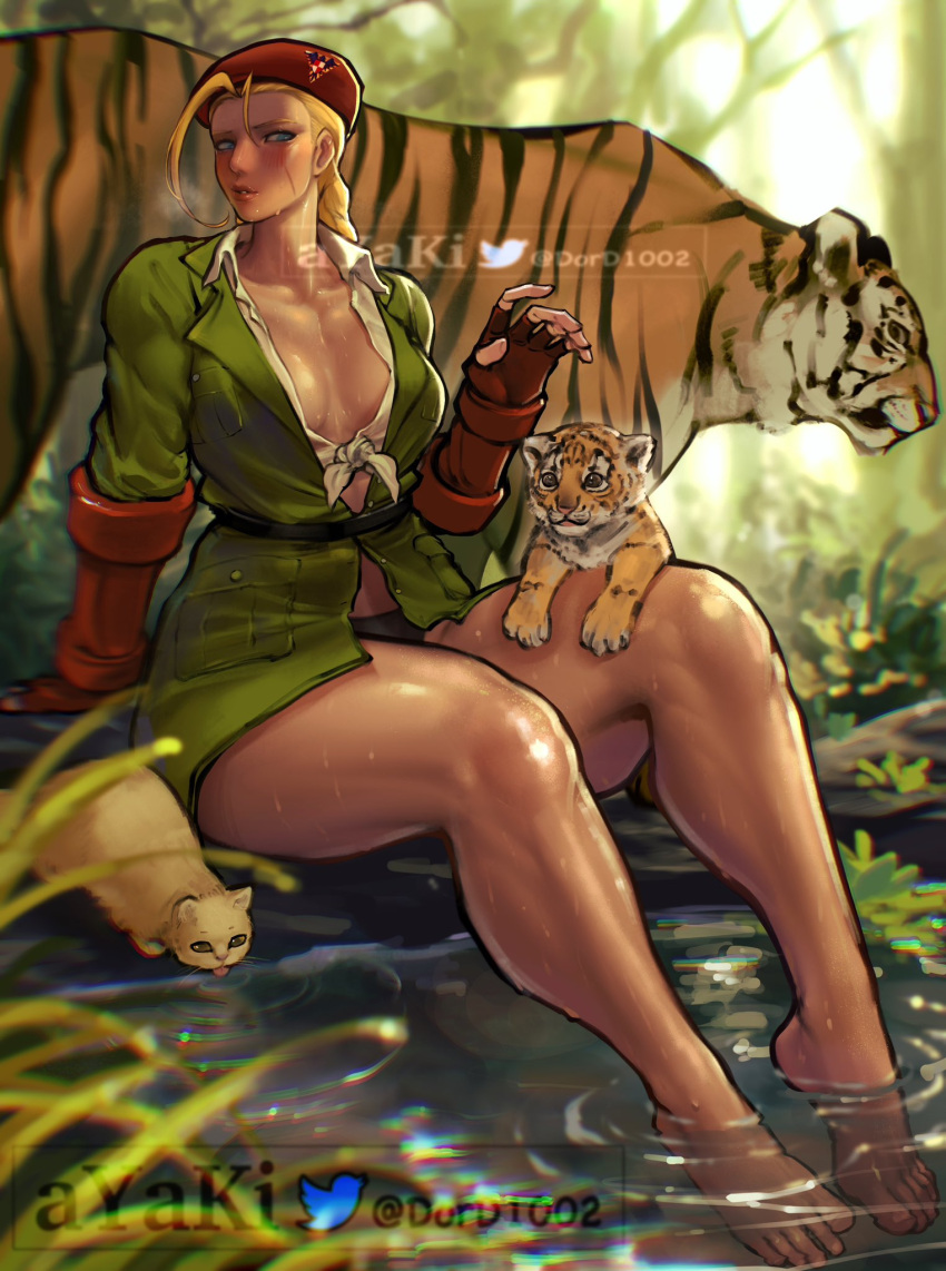 1girl alternate_costume animal antenna_hair ayaki_d bare_legs barefoot belt beret black_panties blonde_hair blush bracer breasts cammy_white cat chinese_zodiac cleavage coat collarbone cub fingerless_gloves front-tie_top gloves grass green_jacket hat highres jacket long_hair long_legs medium_breasts no_bra no_pants official_alternate_costume open_clothes open_jacket panties red_gloves red_headwear soaking_feet stream street_fighter street_fighter_v sweat tan thick_thighs thighs tiger tiger_cub toes underwear water wet year_of_the_tiger