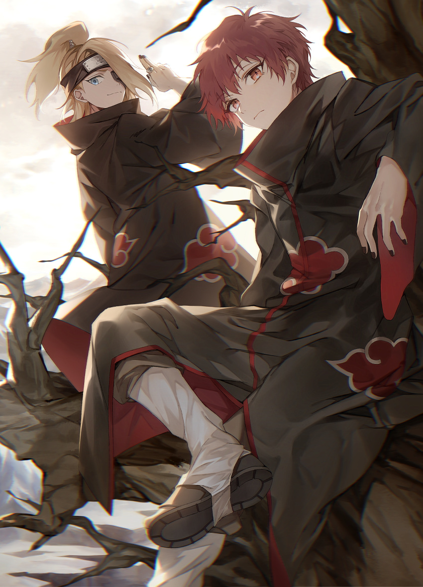 2boys absurdres akatsuki_uniform animal bare_tree bird black_nails blonde_hair blue_eyes branch bug clay deidara_(naruto) foot_out_of_frame hand_gesture headband highres male_focus multiple_boys naruto_(series) naruto_shippuuden ninja ponytail red_hair sasori_(naruto) shoes sitting smile standing tree wowishi