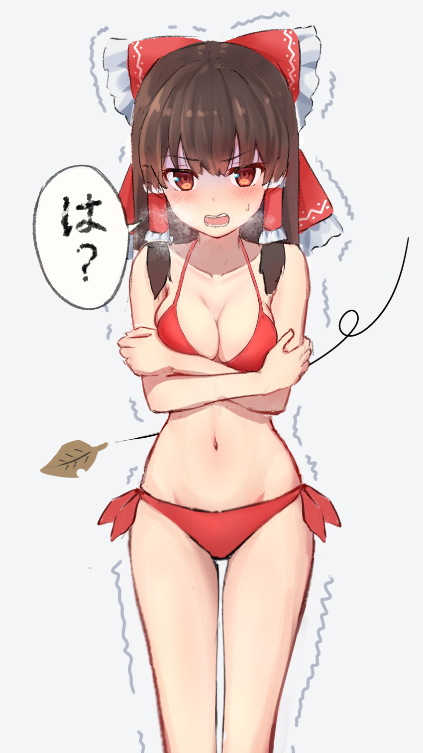 1girl absurdres bangs bikini blush bow breasts cleavage cold crossed_arms feet_out_of_frame forneus_0 grey_background groin hair_bow hair_tubes hakurei_reimu highres large_breasts leaf looking_at_viewer medium_hair navel open_mouth red_bikini red_bow red_eyes sidelocks simple_background solo speech_bubble standing sweatdrop swimsuit touhou translation_request trembling wind