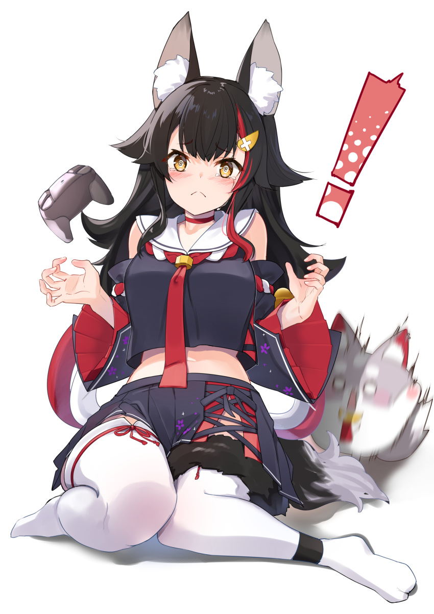 ! 1girl @_@ absurdres animal_ear_fluff animal_ears black_hair black_skirt blush breasts choker closed_mouth clothing_cutout collar collarbone commentary_request controller cropped_shirt crying crying_with_eyes_open eyelashes full_body fur_trim game_controller hair_ornament hands_up highres hololive knees_together_feet_apart legs long_hair long_sleeves looking_at_viewer medium_breasts midriff miofa_(ookami_mio) motion_blur multicolored_hair necktie no_shoes ookami_mio pleated_skirt red_choker red_hair red_necktie shiny shiny_hair shoulder_cutout simple_background sitting skirt solo streaked_hair tail tears thighhighs thighs virtual_youtuber wariza white_background white_collar white_thighhighs wide_sleeves wolf_ears wolf_girl wolf_tail yuuzuki_(re'ef)