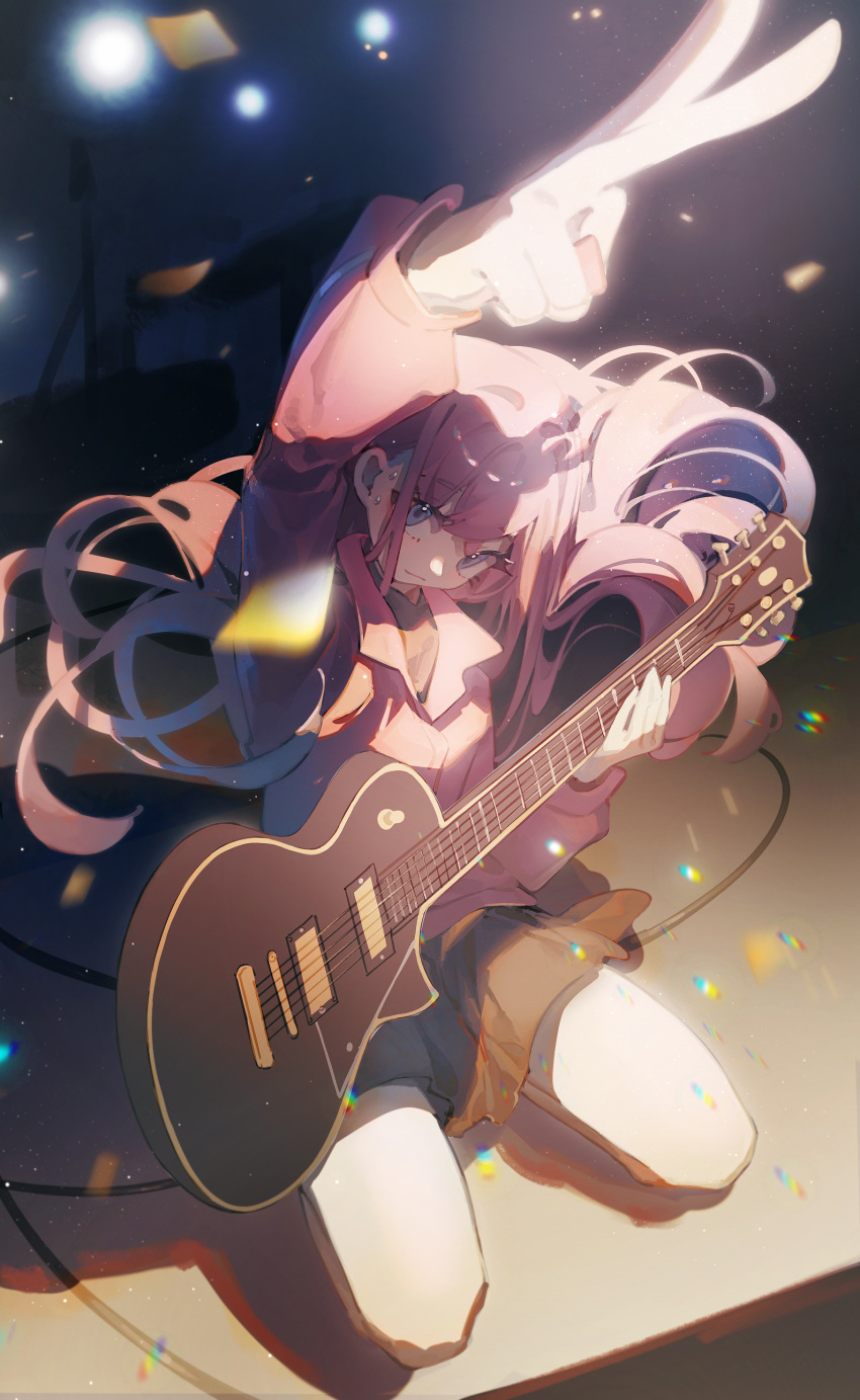 1girl absurdres arm_up bangs blue_eyes bocchi_the_rock! cable closed_mouth cube_hair_ornament electric_guitar floating_hair foreshortening gibson_les_paul gotou_hitori grey_skirt guitar hair_between_eyes hair_ornament highres holding holding_instrument instrument jacket long_hair long_sleeves looking_at_viewer one_side_up pink_hair pink_jacket pleated_skirt sceed sitting skirt solo track_jacket