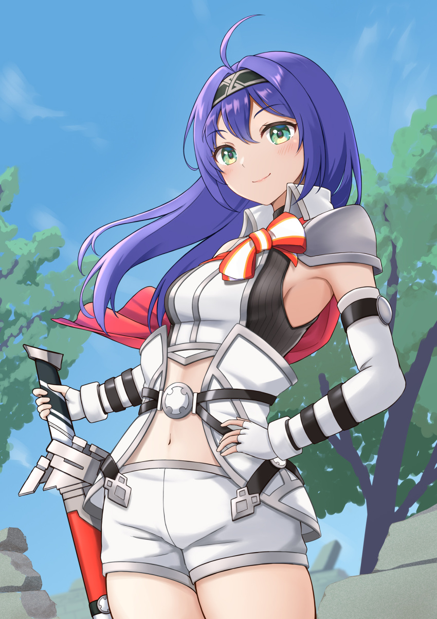 1girl ahoge armor armpits black_hairband blue_hair blue_sky crop_top fingerless_gloves fire_emblem fire_emblem:_path_of_radiance fire_emblem:_radiant_dawn fire_emblem_heroes gloves green_eyes hairband hand_on_hilt highres long_hair mia_(fire_emblem) midriff navel official_alternate_costume outdoors sheath sheathed short_shorts shorts sky smile solo sword takaneko weapon white_shorts