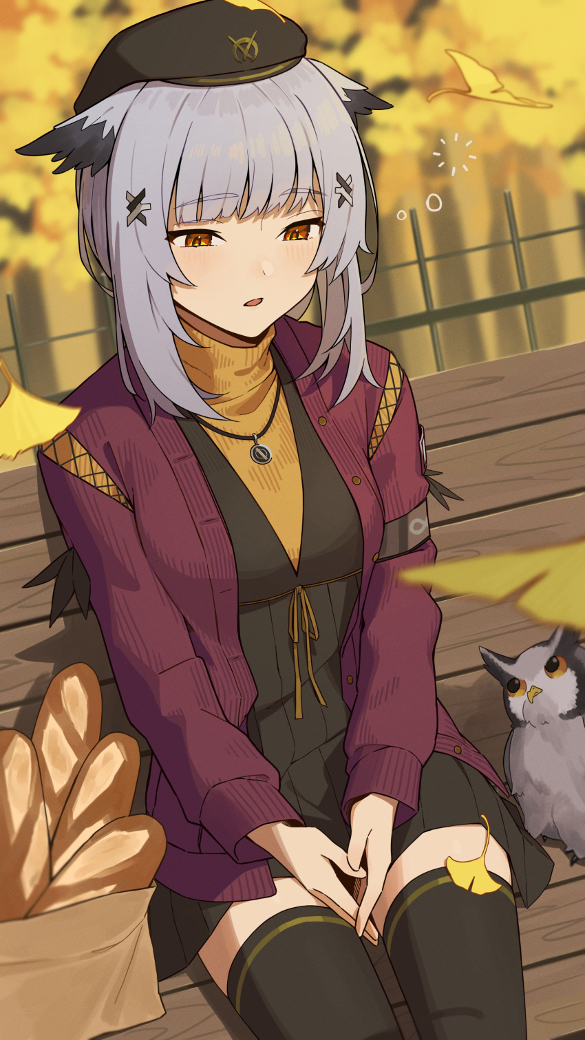 1girl absurdres arknights bag baguette bangs bench beret black_dress black_headwear black_thighhighs bread commentary dress food grey_hair hat highres jacket long_sleeves official_alternate_costume open_clothes open_jacket parted_lips ptilopsis_(arknights) ptilopsis_(serenity)_(arknights) purple_jacket short_dress short_hair shoujo_l sitting solo thighhighs