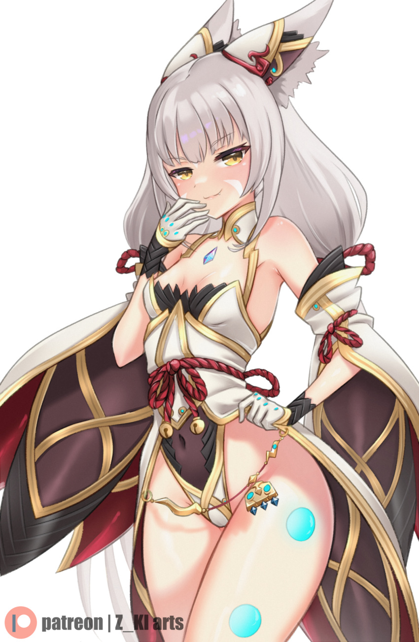 1girl animal_ear_fluff animal_ears armpits black_leotard breasts brown_eyes cat_ears cat_girl covered_navel detached_sleeves facial_mark gloves grey_hair hand_to_own_mouth highleg highleg_leotard highres leotard long_hair low_twintails nia_(blade)_(xenoblade) nia_(xenoblade) showgirl_skirt simple_background skirt small_breasts smile solo thighs twintails very_long_hair watermark white_background white_gloves white_skirt white_sleeves xenoblade_chronicles_(series) xenoblade_chronicles_2 z-ki