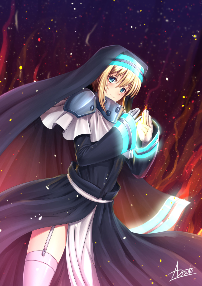 1girl adsouto blonde_hair blue_eyes commentary_request dutch_angle embers en'en_no_shouboutai fire garter_straps gloves habit highres iris_(en'en_no_shouboutai) looking_at_viewer mixed-language_commentary neon_trim nun short_hair signature smile solo thighhighs