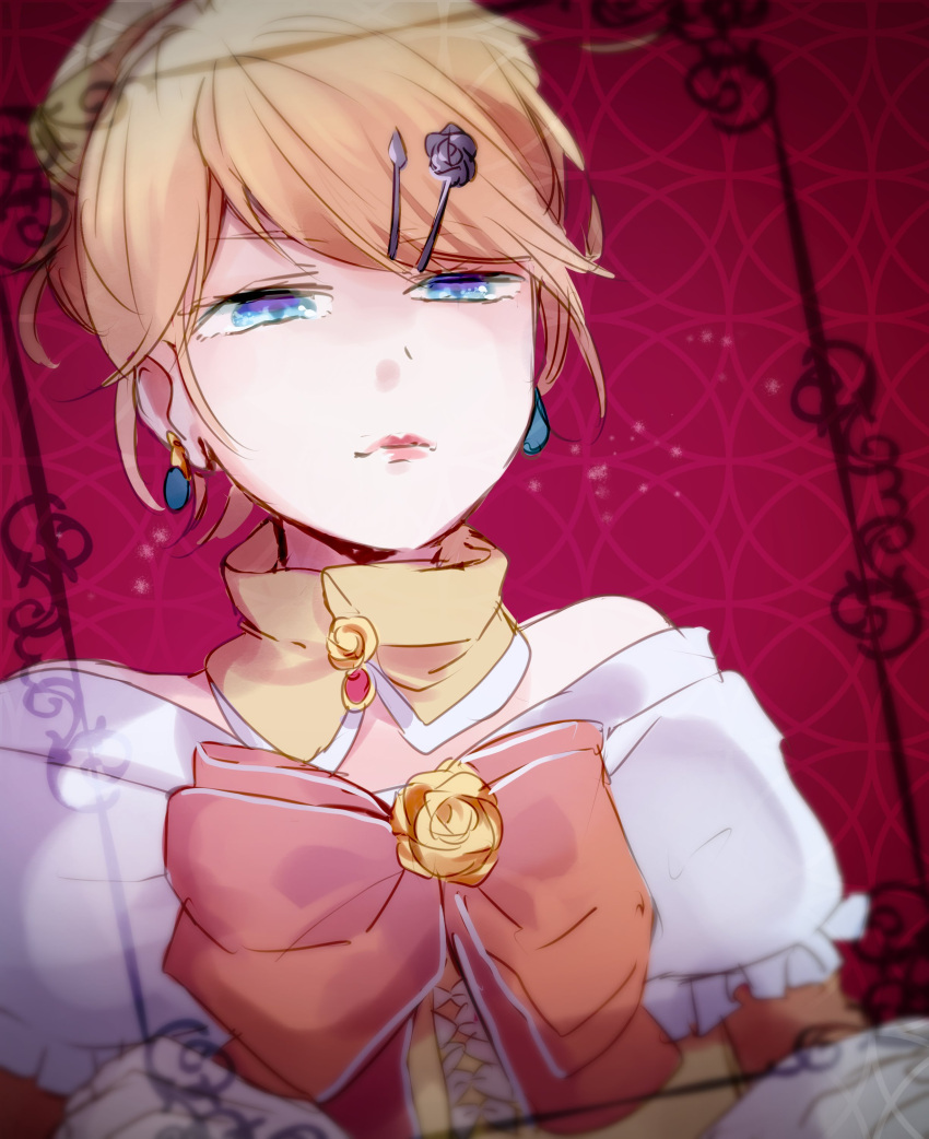 1girl absurdres aku_no_musume_(vocaloid) annoyed bare_shoulders blue_eyes blurry bow brooch choker commentary depth_of_field detached_collar dress dress_bow dress_flower dutch_angle earrings evillious_nendaiki frilled_dress frills frown glaring hair_ornament hairclip half-closed_eyes highres jewelry kagamine_rin lipstick makeup makoji_(yomogi) orange_bow pink_lips riliane_lucifen_d'autriche scowl solo strapless strapless_dress vocaloid yellow_choker yellow_dress