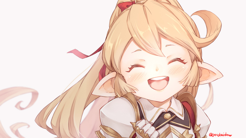 1girl :d ^_^ ^o^ blonde_hair bow charlotta_(granblue_fantasy) closed_eyes commentary facing_viewer granblue_fantasy hair_bow happy harvin jingai_modoki light_blush long_hair open_mouth pointy_ears portrait red_bow round_teeth simple_background smile solo teeth twitter_username upper_teeth_only white_background