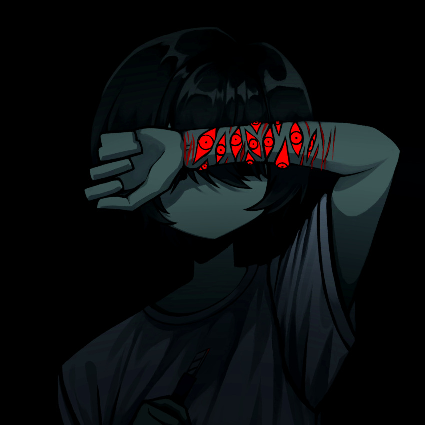 1other 75tnv androgynous black_hair blood boxcutter covered_eyes glowing glowing_eyes highres holding_boxcutter original red_eyes self-mutilation shirt short_hair solo t-shirt too_many_eyes upper_body wrist_cutting