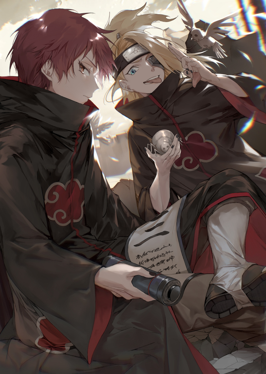 2boys akatsuki_uniform animal bird black_nails blonde_hair blue_eyes bug clay deidara_(naruto) feet_out_of_frame from_side hand_gesture headband highres male_focus multiple_boys naruto_(series) naruto_shippuuden ninja ponytail red_hair sasori_(naruto) scroll shoes sideways_glance sitting tongue tongue_out wowishi