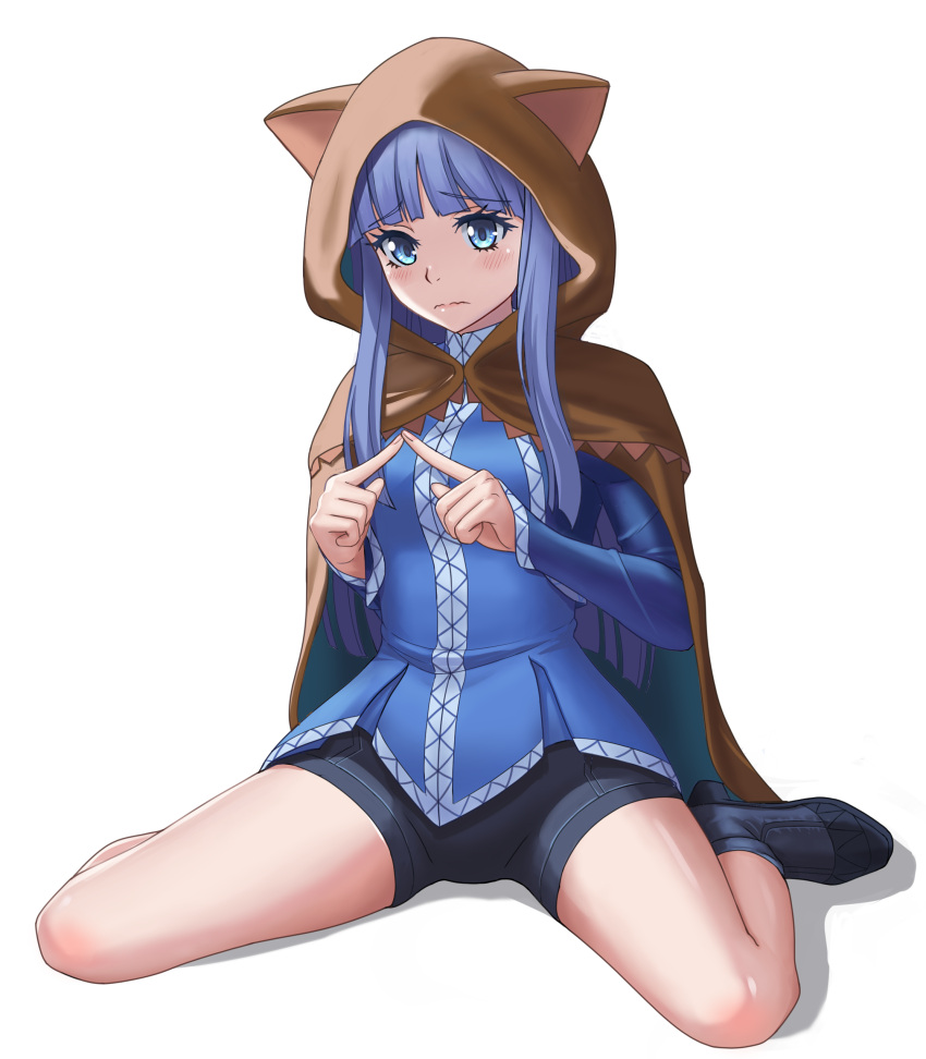 1girl absurdres animal_ears animal_hood black_footwear black_shorts blue_eyes blue_hair blue_shirt blush brown_cape cape closed_mouth fake_animal_ears highres hood hooded_cape index_fingers_together isekai_ojisan kyouji44288608 long_hair looking_at_viewer mabel_raybert shiny shiny_skin shirt shoes short_shorts shorts simple_background sitting solo spread_legs thighs wariza wavy_mouth white_background