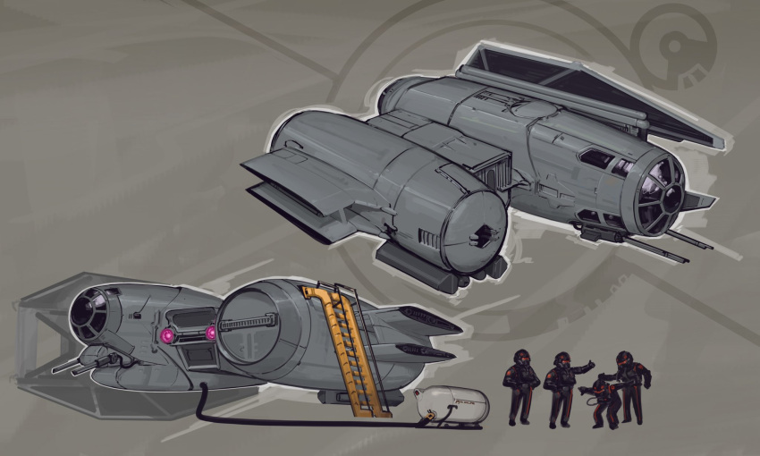 4others ambiguous_gender assault_visor black_gloves cable english_commentary galactic_empire gloves grey_background helmet highres ladder multiple_others multiple_views original refueling spacecraft star_wars thumbs_up tungsten_hale vehicle_focus
