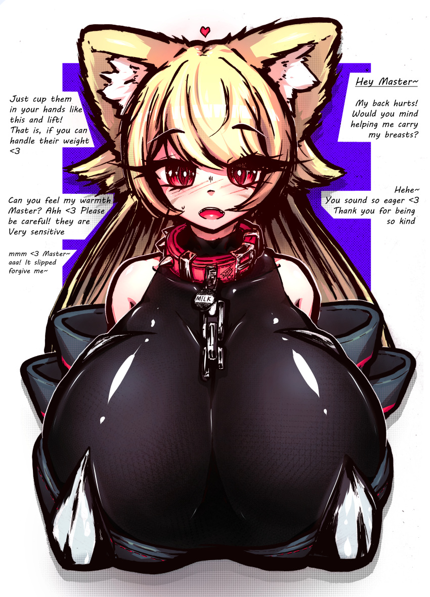 absurdres animal_ear_fluff animal_ears blonde_hair blush breasts chain chain_leash collar floofsmear fox_ears fox_girl hair_between_eyes heart highres japanese_clothes kimono large_breasts leash long_eyelashes long_hair looking_at_viewer name_tag non-web_source original red_collar red_eyes self_upload simple_background spiked_collar spikes text_focus