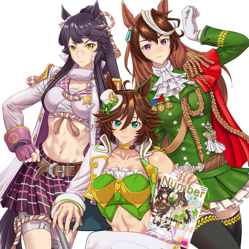 &gt;:) 3girls animal_ears ascot bandages bandaid bandaid_on_face bandaid_on_nose bangs belt black_hair black_thighhighs brown_belt brown_hair chest_sarashi choker commentary_request cowboy_shot crop_top epaulettes fukami_(trash_sp) gloves green_eyes green_jacket green_shirt green_skirt hat highres horse_ears jacket long_hair looking_at_viewer midriff mini_hat mini_top_hat miniskirt mr._c.b._(umamusume) multiple_girls narita_brian_(umamusume) navel open_clothes open_jacket pants plaid plaid_skirt pleated_skirt sarashi shirt simple_background single_bare_shoulder single_sleeve sitting skirt standing stomach strapless strapless_shirt symboli_rudolf_(umamusume) thighhighs thighs top_hat umamusume v-shaped_eyebrows very_long_hair white_ascot white_background white_gloves white_headwear white_jacket white_pants yellow_choker yellow_eyes