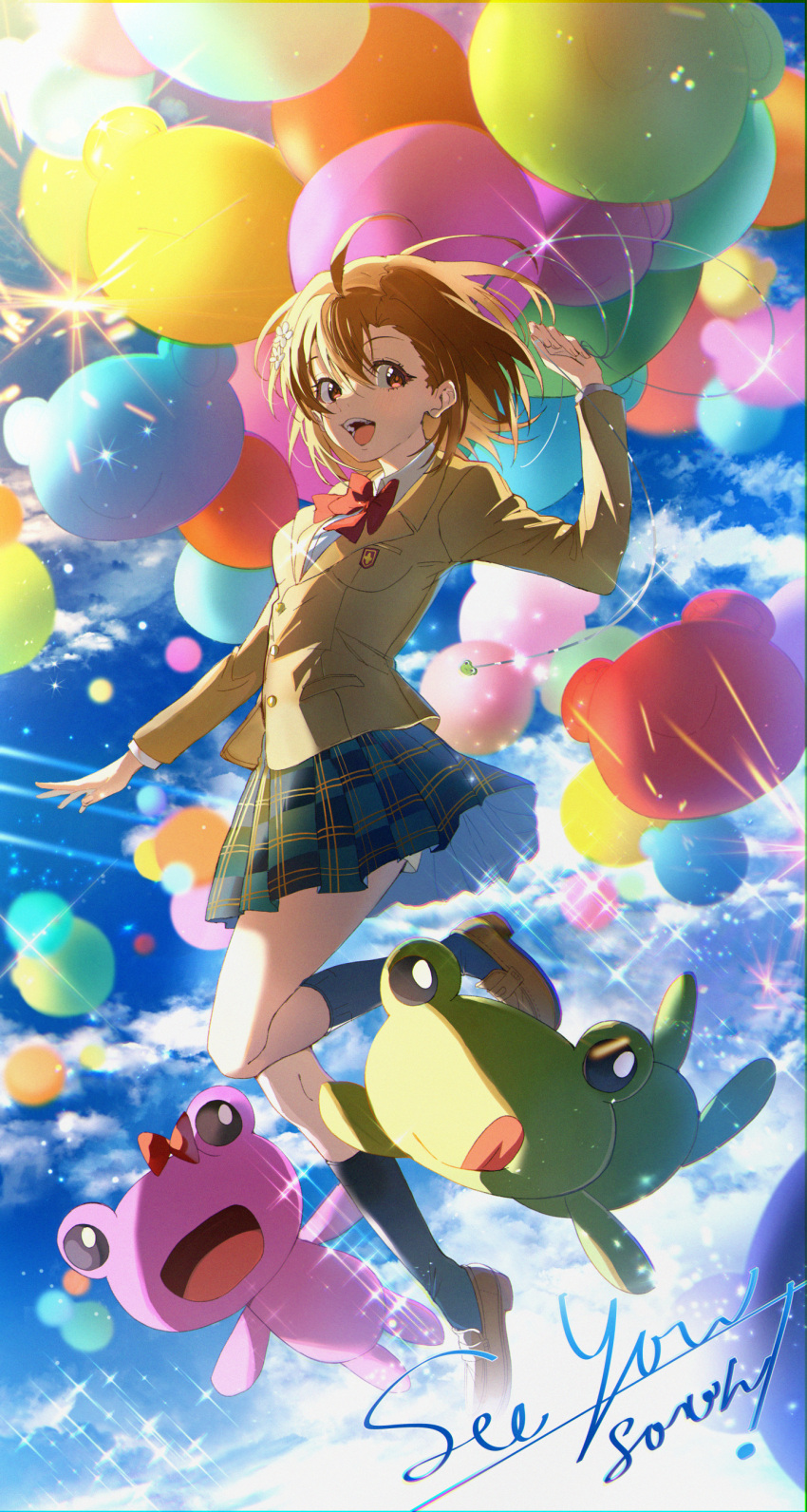 1girl absurdres balloon bangs black_socks blue_sky blush bow bowtie breasts brown_eyes brown_hair cloud commentary_request english_text eyelashes flower full_body gekota hair_between_eyes hair_flower hair_ornament highres holding holding_string jacket jumping kagura_kurosaki loafers long_sleeves looking_at_viewer looking_to_the_side medium_hair miniskirt misaka_mikoto nose open_mouth pleated_skirt pyonko red_bow red_bowtie school_uniform shirt shoes skirt sky small_breasts smile socks solo sparkle string teeth thighs toaru_kagaku_no_railgun toaru_majutsu_no_index tokiwadai_school_uniform upper_teeth_only white_shirt winter_uniform yellow_jacket