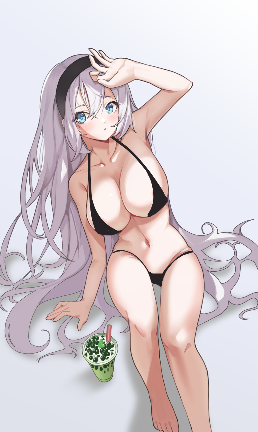 1girl :o absurdres arm_support bare_shoulders bikini black_bikini blue_eyes breasts bubble_tea cleavage collarbone commission dot_nose drink drinking_straw dungeon_and_fighter feet full_body hair_between_eyes hand_up highres korean_commentary large_breasts light_blush long_hair looking_at_viewer messy_hair mint navel sagging_breasts shadow simple_background sitting solo swimsuit thighs toes very_long_hair whiskeyred white_background white_hair