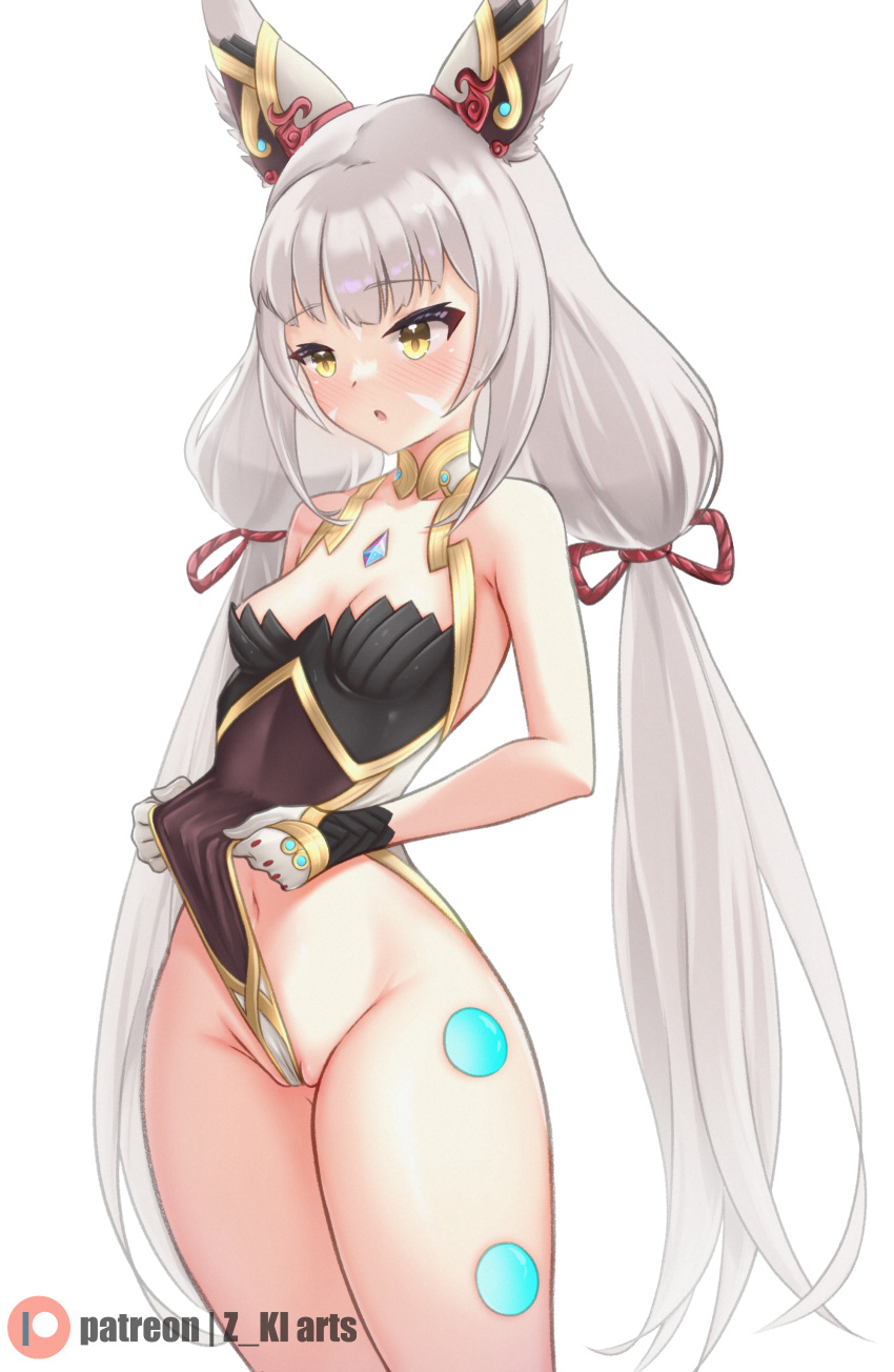 1girl absurdres animal_ear_fluff animal_ears black_leotard blush breasts brown_eyes cat_ears cat_girl facial_mark gloves grey_hair groin highleg highleg_leotard highres leotard leotard_pull long_hair low_twintails navel nia_(blade)_(xenoblade) nia_(xenoblade) open_mouth pulled_by_self pussy pussy_peek simple_background small_breasts solo thighs twintails very_long_hair watermark white_background white_gloves xenoblade_chronicles_(series) xenoblade_chronicles_2 z-ki