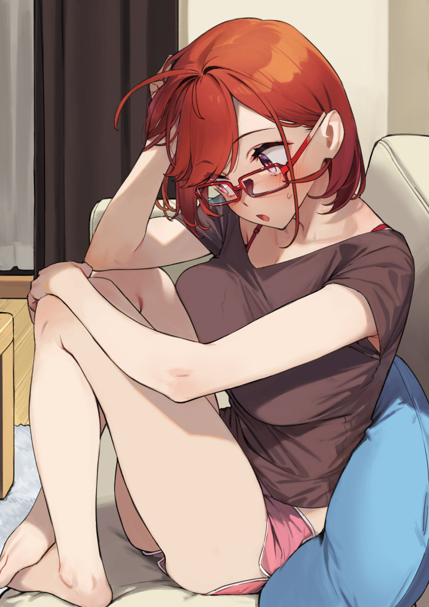 1girl 92m absurdres bangs barefoot bra bra_peek bra_strap breasts brown_shirt couch curtains dolphin_shorts feet glasses hand_on_own_head hand_on_own_knee highres indoors kinshi_no_ane knees_up large_breasts legs light_blush living_room looking_away medium_hair on_couch open_mouth original pillow pink_shorts red-framed_eyewear red_eyes red_hair rug shirt short_hair short_sleeves shorts sitting solo t-shirt thighs underwear