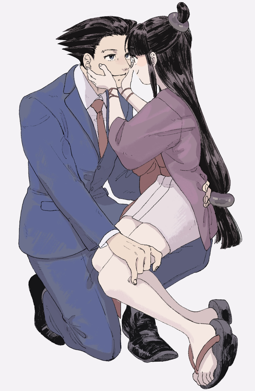 1boy 1girl ace_attorney bangs black_hair blue_jacket blue_pants collared_shirt formal full_body hair_ornament hand_on_another's_leg hands_on_another's_face hanten_(clothes) highres jacket japanese_clothes kimono loafers long_hair long_sleeves looking_at_another maya_fey necktie omen_hohoho pants phoenix_wright pink_sash purple_jacket red_necktie sandals sash shirt shoes short_hair short_kimono simple_background sitting sitting_on_person smile spiked_hair suit white_shirt
