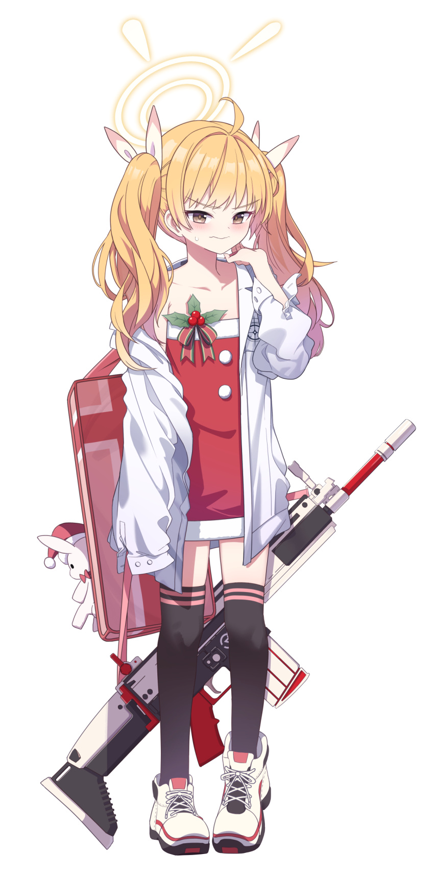 1girl absurdres ahoge alternate_costume assault_rifle battle_rifle black_thighhighs blonde_hair blue_archive blush brown_eyes christmas closed_mouth collared_shirt dress flat_chest fn_scar fn_scar_17 full_body gun hair_ribbon halo highres korean_commentary long_sleeves looking_at_viewer medium_hair mnnnya off_shoulder pink_bag red_dress ribbon rifle shirt shoes simple_background sneakers solo strapless strapless_dress sweat thighhighs tube_dress twintails weapon white_background white_footwear white_ribbon white_shirt yoshimi_(blue_archive) zettai_ryouiki