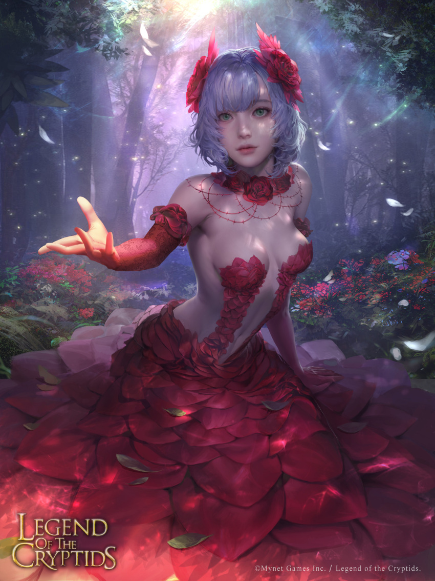 1girl absurdres dress flower forest green_eyes hair_flower hair_ornament highres legend_of_the_cryptids looking_at_viewer nature outdoors purple_hair tree wan1 watermark