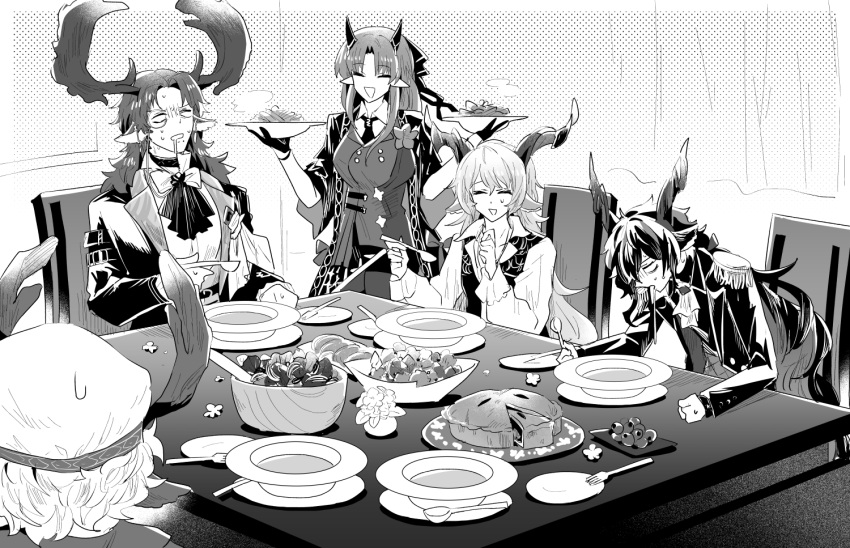 2girls 3boys animal_ears arknights ascot bad_food bowl closed_eyes czerny_(arknights) deer_antlers deer_boy deer_ears deer_girl drooling ebenholz_(arknights) food fork fruit grapes happy hat hibiscus_(arknights) hibiscus_the_purifier_(arknights) holding holding_spoon iwashi_80 kreide_(arknights) monocle multiple_boys multiple_girls necktie official_alternate_costume pastry pie pie_slice salad salad_bowl sick soup spoon sweatdrop table ursula_(arknights)