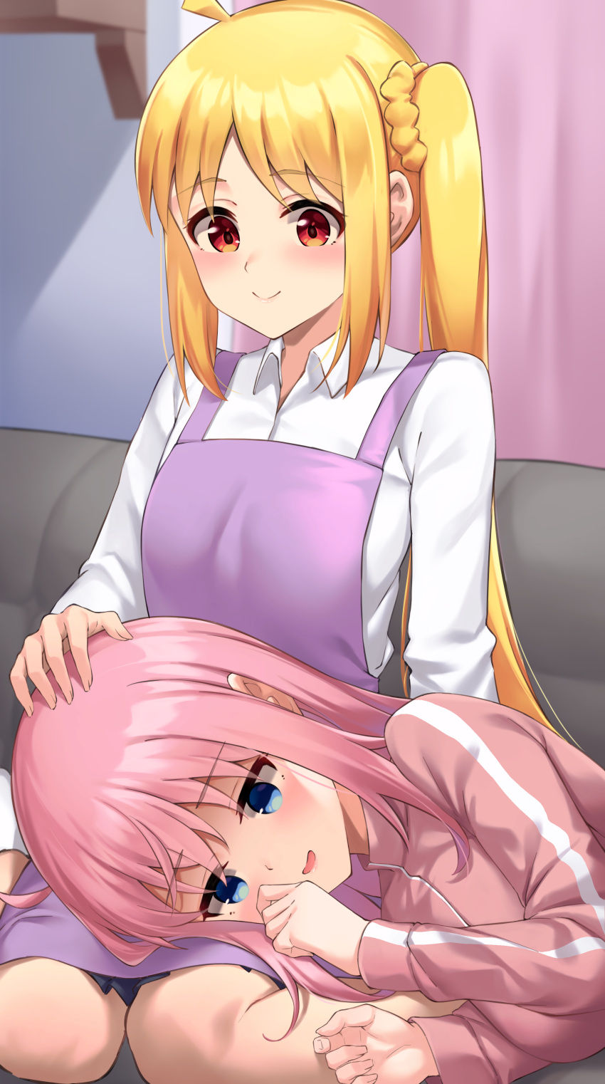 2girls absurdres ahoge apron blonde_hair blue_eyes blush bocchi_the_rock! closed_mouth collared_shirt commentary_request couch gotou_hitori hand_on_another's_head highres ijichi_nijika indoors jacket lap_pillow long_hair long_sleeves looking_at_another lying multiple_girls on_couch on_side pink_hair pink_jacket pizza_(pizzania_company) purple_apron red_eyes seiza shirt side_ponytail sitting smile track_jacket white_shirt yuri