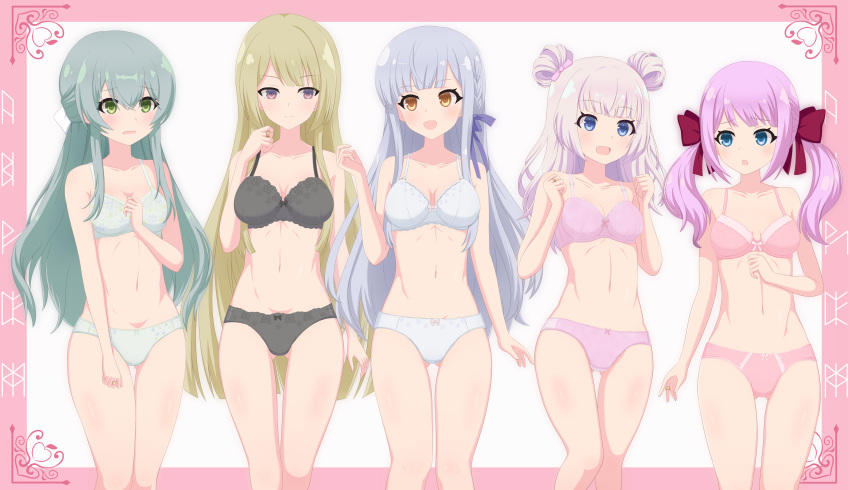 5girls :d :o absurdres aqua_bra aqua_hair aqua_panties ass_visible_through_thighs assault_lily bangs bare_arms bare_shoulders black_bra black_panties blonde_hair blue_eyes blunt_bangs blunt_ends border bow bow_bra bow_panties bra braid breasts cleavage clenched_hands closed_mouth collarbone commentary_request crossed_bangs detached_sleeves double_bun feet_out_of_frame floral_print framed green_eyes grey_hair hair_bow hair_bun hair_ribbon half_updo hand_on_own_chest hand_up hands_up haniwa_(kiminozorazio) highres jewelry kon_kanaho lace-trimmed_bra lace_trim light_blush lineup long_hair looking_at_another looking_at_viewer looking_away looking_to_the_side medium_breasts miyagawa_takane multiple_girls navel outside_border panties parted_lips pink_border pink_bow pink_bra pink_hair pink_panties print_bra print_panties purple_eyes purple_ribbon raised_eyebrows red_bow ribbon ring rounded_corners sadamori_himeka side-by-side side_braid sidelocks sideways_glance simple_background single_braid smile standing stomach tanba_akari thigh_gap toki_kureha twintails underwear underwear_only very_long_hair wavy_hair white_background white_bow white_bra white_panties yellow_eyes