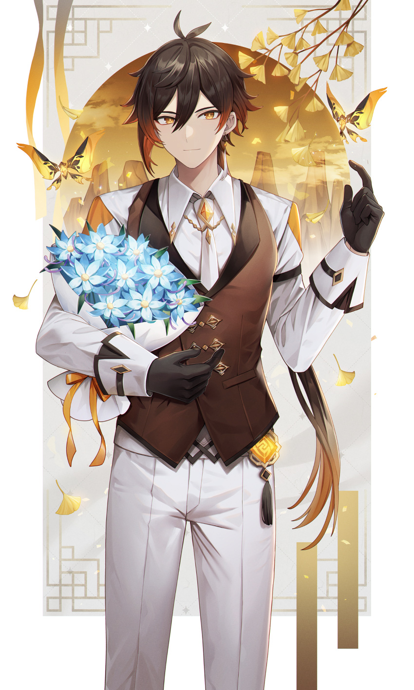 1boy abandon_ranka absurdres animal black_gloves black_hair blue_flower bouquet branch brown_eyes brown_hair brown_vest bug butterfly closed_mouth collared_shirt commentary_request crystalfly_(genshin_impact) flower genshin_impact ginkgo_leaf gloves gradient_hair hand_up highres leaf long_hair male_focus multicolored_hair object_hug pants shirt smile solo standing very_long_hair vest white_pants white_shirt zhongli_(genshin_impact)