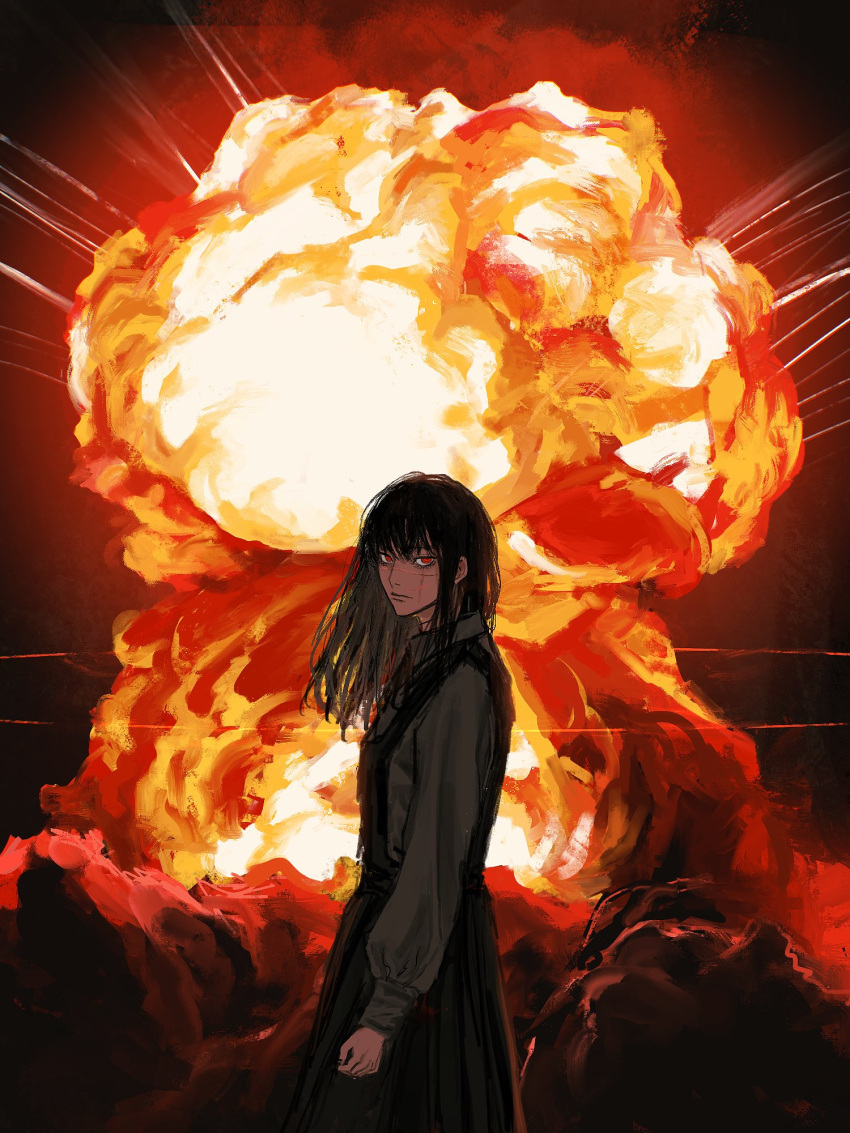 1girl black_hair chainsaw_man collared_shirt cross_scar dress explosion fourth_east_high_school_uniform highres long_hair looking_at_viewer nuclear_explosion pinafore_dress red_eyes ringed_eyes scar scar_on_cheek scar_on_face school_uniform shirt sideways_glance solo white_shirt yohohoi yoru_(chainsaw_man)