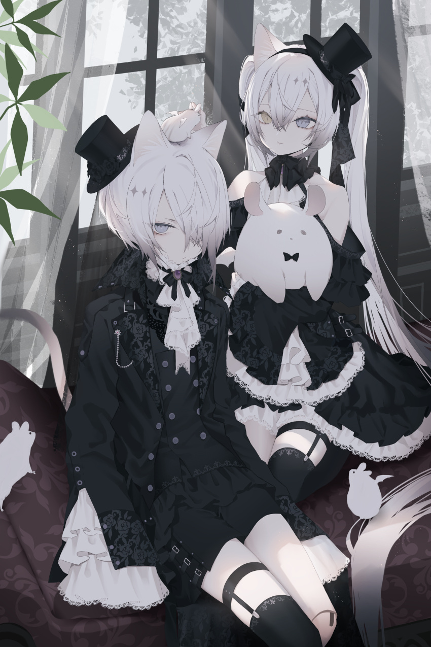 1boy 1girl absurdres animal_ears bangs black_dress commentary couch crossed_bangs dress european_clothes frilled_dress frills gothic_lolita grey_eyes hat heterochromia highres kneehighs kodona kotarou_(kot_mochi) light_rays lolita_fashion long_hair long_sleeves looking_at_viewer on_couch original pale_skin rabbit short_hair siblings sitting socks sparkle stuffed_animal stuffed_toy swept_bangs teddy_bear thighhighs twins twintails very_long_hair victorian window wings yellow_eyes