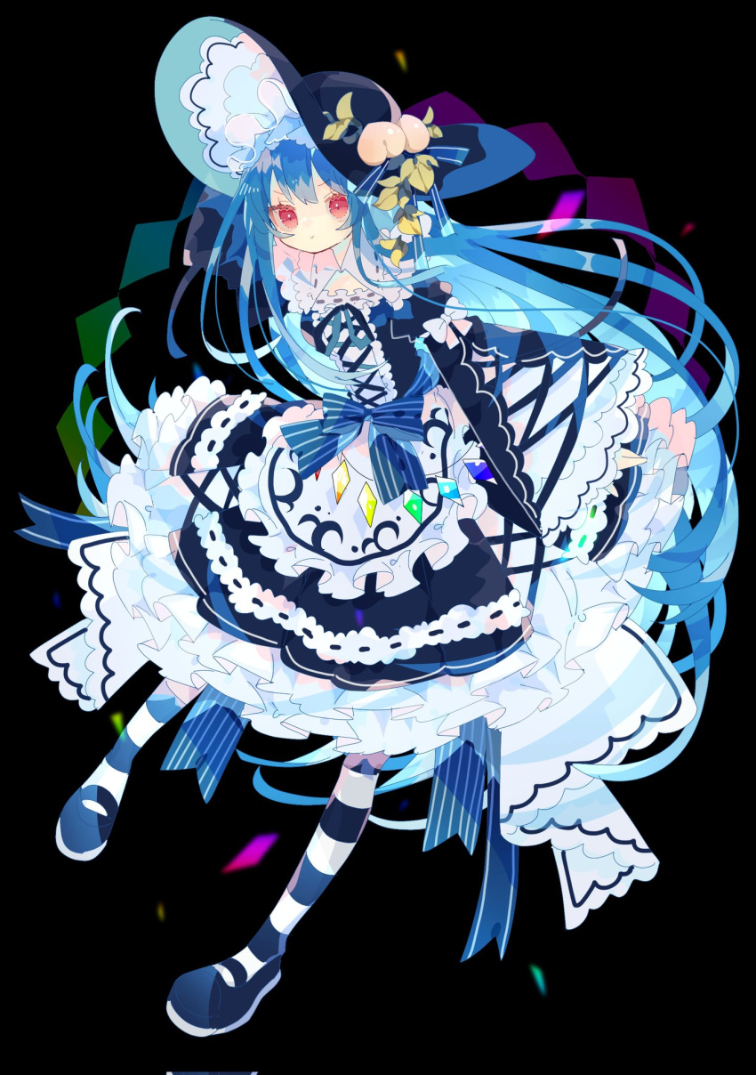 1girl :t alternate_costume apron bangs black_background blue_dress blue_footwear blue_hair blue_pantyhose blue_ribbon bow closed_mouth collared_dress commentary_request dress frilled_apron frilled_dress frilled_hat frilled_shirt_collar frills full_body hat hat_ribbon highres hinanawi_tenshi layered_dress lolita_fashion long_hair looking_at_viewer mary_janes nikorashi-ka pantyhose peach_hat_ornament red_eyes ribbon shoes simple_background solo striped striped_pantyhose touhou two-tone_dress very_long_hair waist_apron white_apron white_bow white_dress white_pantyhose wide_sleeves