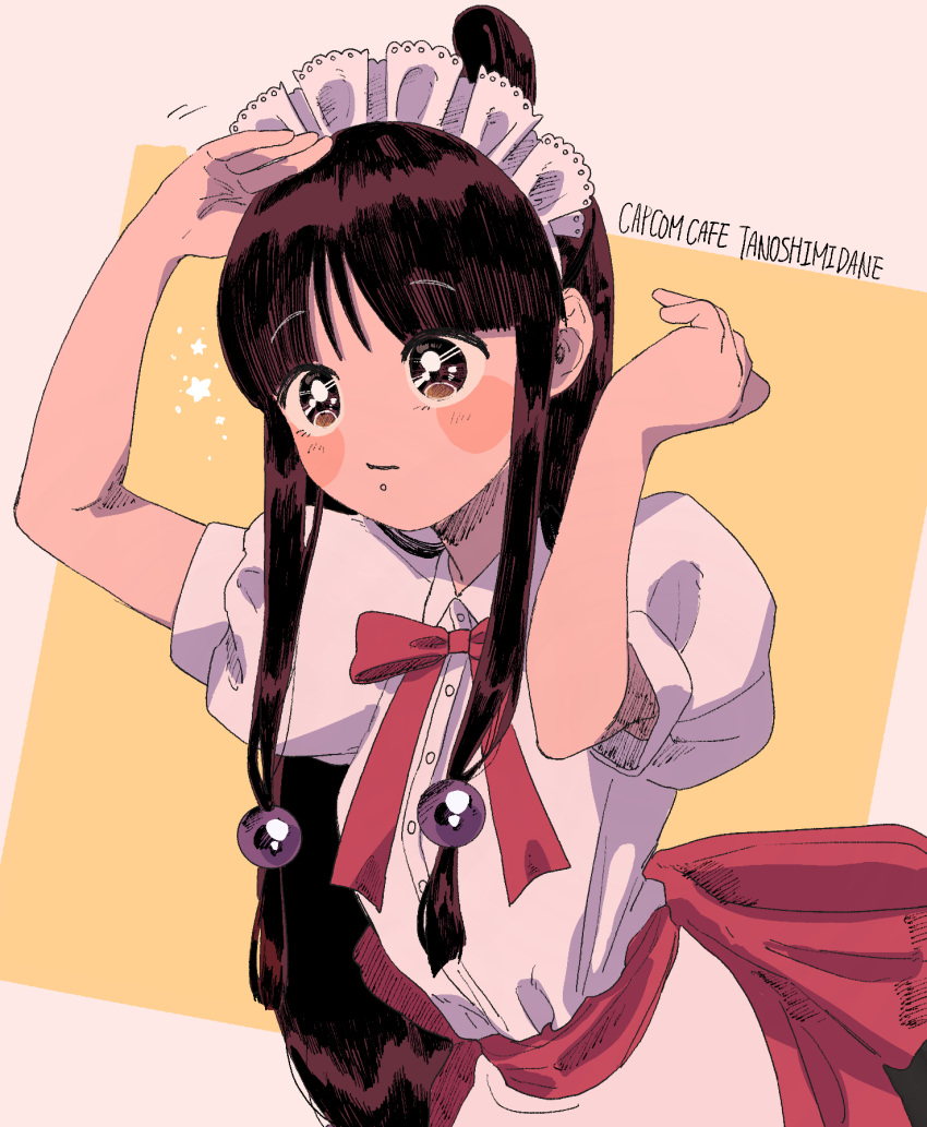 1girl ace_attorney bangs blunt_bangs brown_eyes brown_hair closed_mouth frills hair_ornament hand_in_own_hair highres long_hair maid_headdress maya_fey neck_ribbon official_alternate_costume omen_hohoho parted_bangs puffy_short_sleeves puffy_sleeves red_ribbon ribbon short_sleeves sidelocks solo