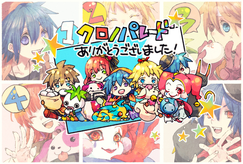 3boys 3girls :d :x bag bandana bangs black_headband black_headwear black_shirt blonde_hair blue_background blue_eyes blue_hair blush border brown_background brown_gloves brown_hair chibi chrono_cross closed_eyes closed_mouth clown commentary_request creature dark_serge_(chrono_cross) draggy_(chrono_cross) facepaint glenn_(chrono_cross) gloves green_background green_eyes grin hair_between_eyes harle_(chrono_cross) hat headband jester jester_cap kid_(chrono_cross) leena_(chrono_cross) long_hair looking_at_viewer multiple_boys multiple_girls one_eye_closed open_mouth orange_bandana orange_eyes orange_hair pink_background pip_(chrono_cross) pom_pom_(clothes) portrait poshul_(chrono_cross) purple_eyes red_gloves scar scar_on_cheek scar_on_face serge_(chrono_cross) shirt short_hair simple_background smile starky_(chrono_cross) teardrop_facial_mark teeth tokio_(okt0w0) turnip_(chrono_cross) upper_teeth_only v white_border