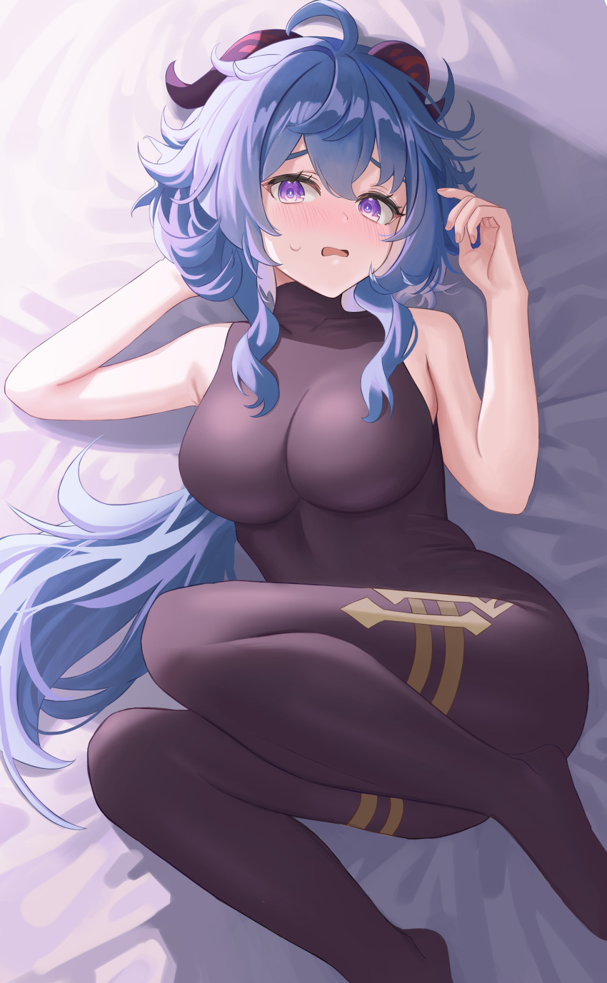1girl absurdres ahoge arm_behind_head bare_arms bed_sheet blue_hair blush bodystocking breasts curled_horns ganyu_(genshin_impact) genshin_impact goat_horns gompu highres horns large_breasts legs_up long_hair looking_at_viewer lying no_shoes on_back open_mouth purple_eyes sidelocks solo sweatdrop